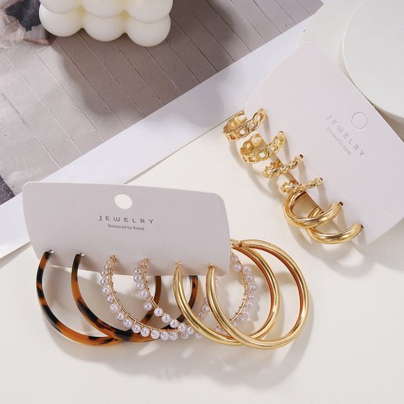 3/$35 3 Pairs Pack Large Big Hoop Earrings Set Gold Pearls Chunky Jewelrly - Picture 6 of 7